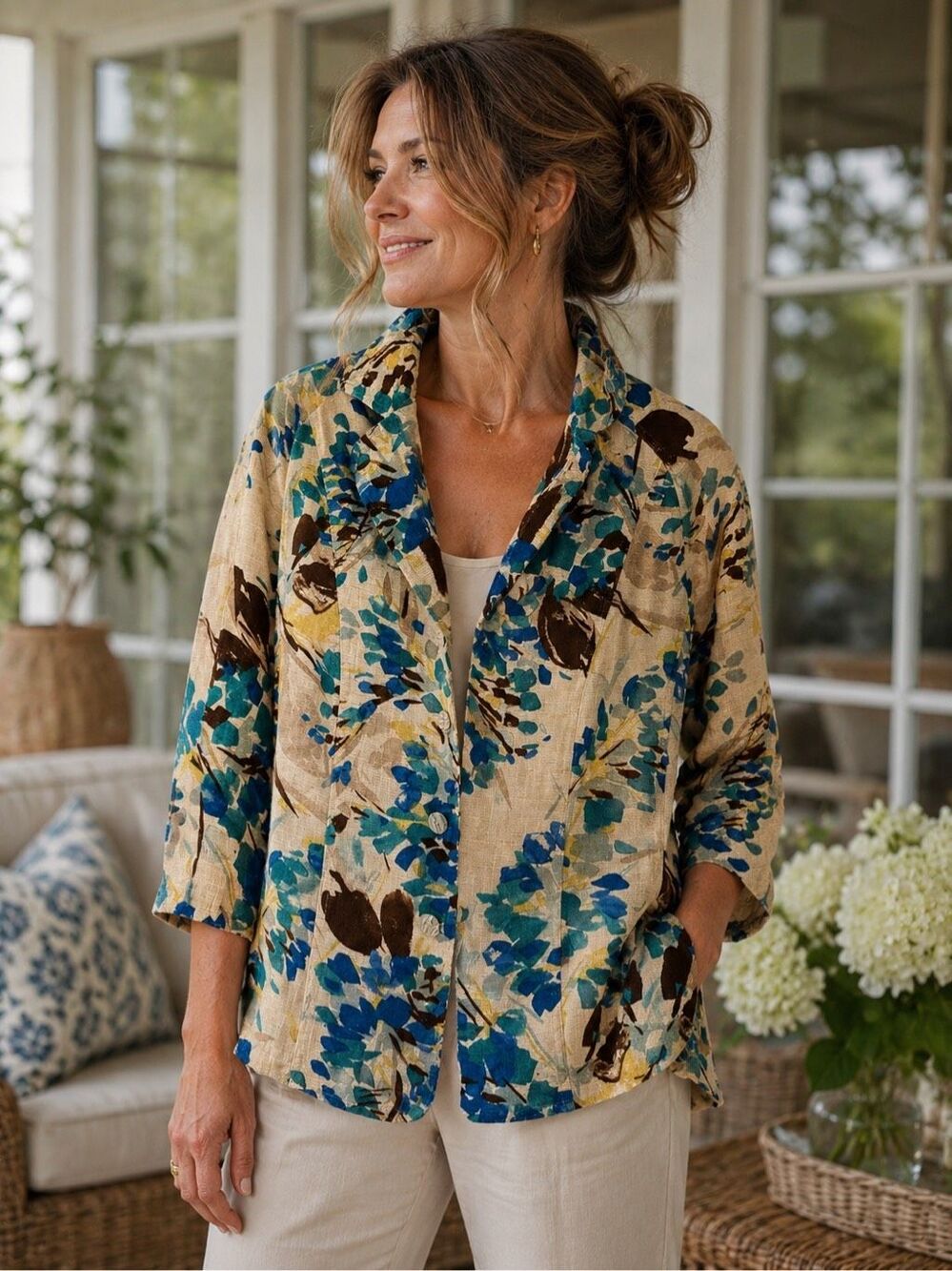 Coldwater Creek Floral Print Linen Blend Blazer Jacket 3/4 Sleeve Size 1X